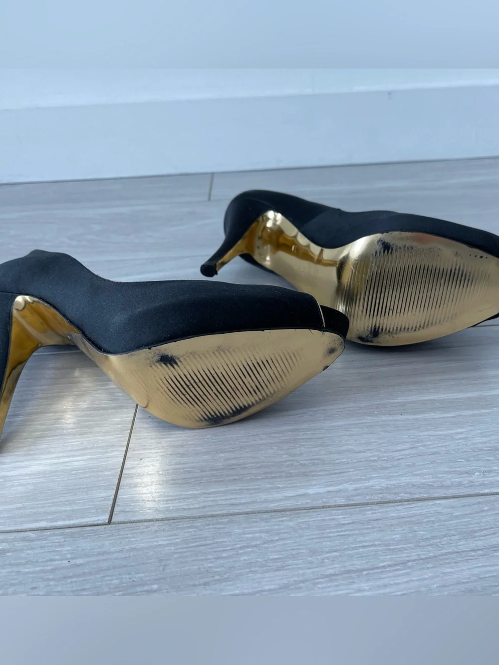Zara Black Peep-Toe Satin Pumps with Gold Trim Size 40